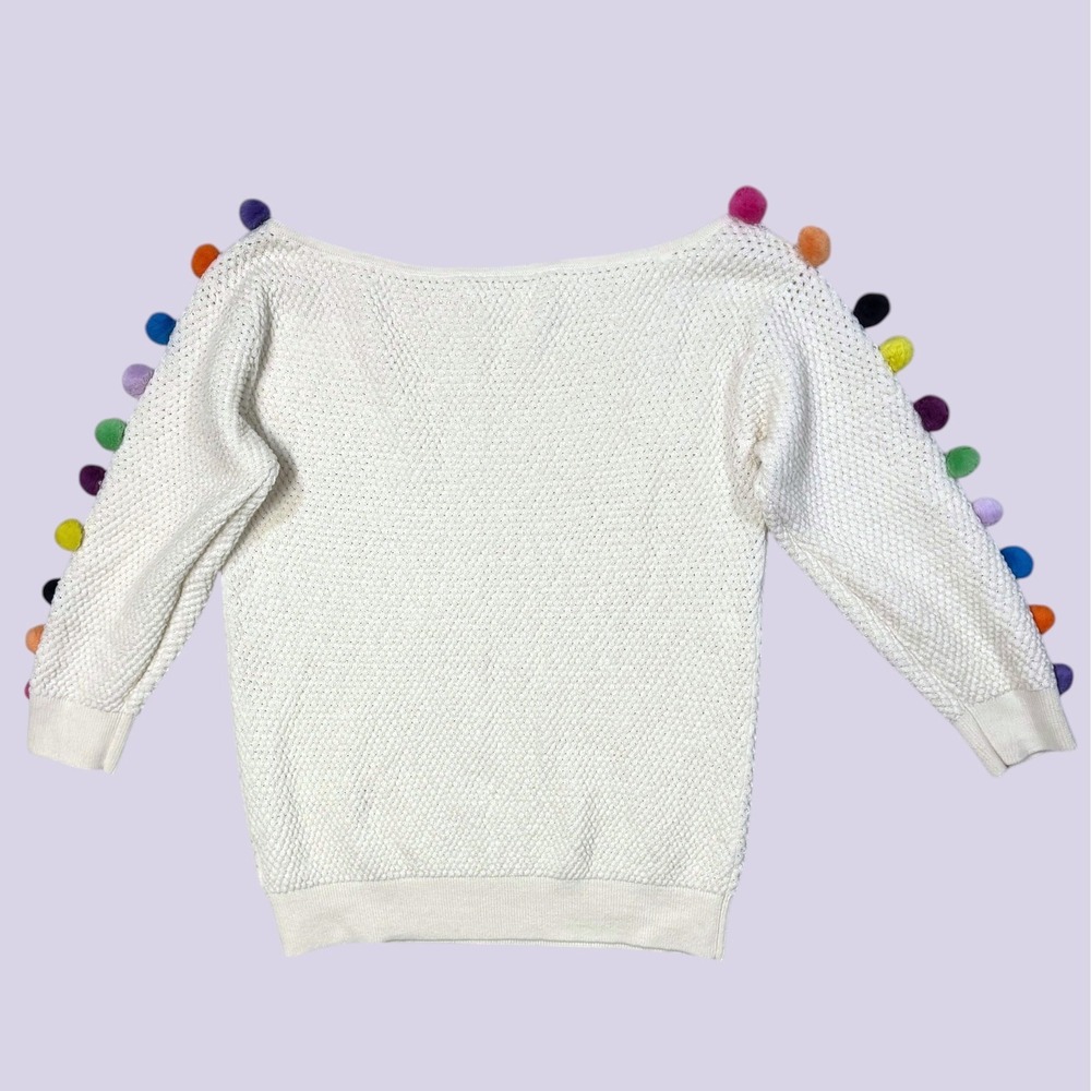 Anthropologie S Emilia Pom Sweater Textured Knit Cream Rainbow Pride Whimsy $120 - Picture 3 of 7